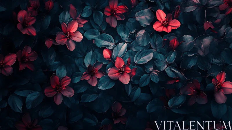 Deep Teal and Crimson Floral Composition with Layered Botanical Elements.