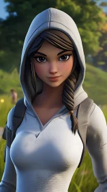 Hooded wanderer pauses mid-quest under sunlit green skies