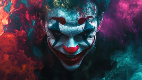 Smoldering clown portrait glows in bold neon clouds of color