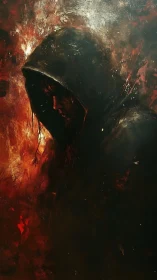Hooded figure glows against burning abstract darkness