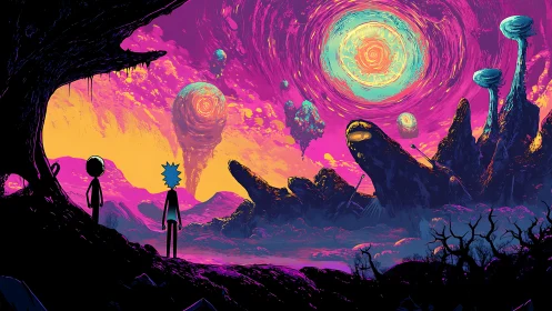 Two travelers gaze into a neon cosmic alien sunrise.