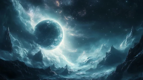 Icy exoplanet rises through luminous nebular stormscape.