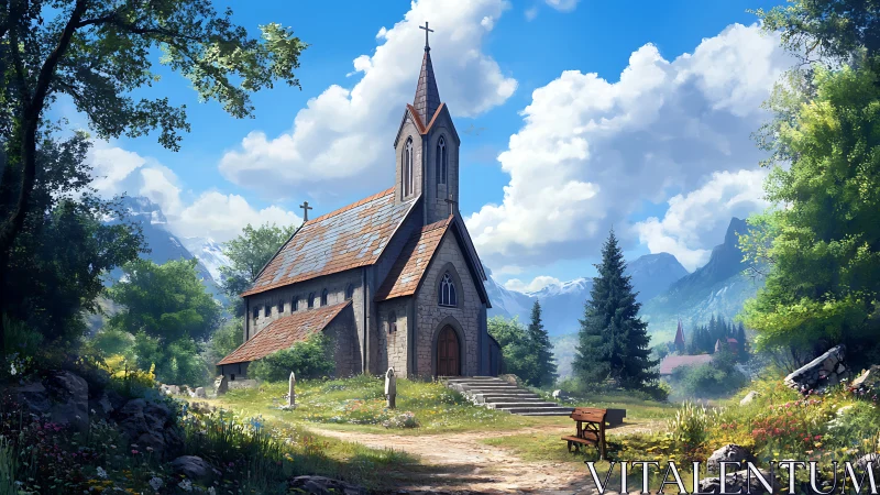 Digital painting of alpine chapel in luminous valley landscape.