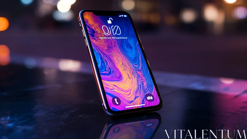 Premium Smartphone Displaying Vibrant Liquid Motion Wallpaper at Night.