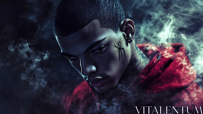 Nocturnal portrait with volumetric smoke and spectral lighting.