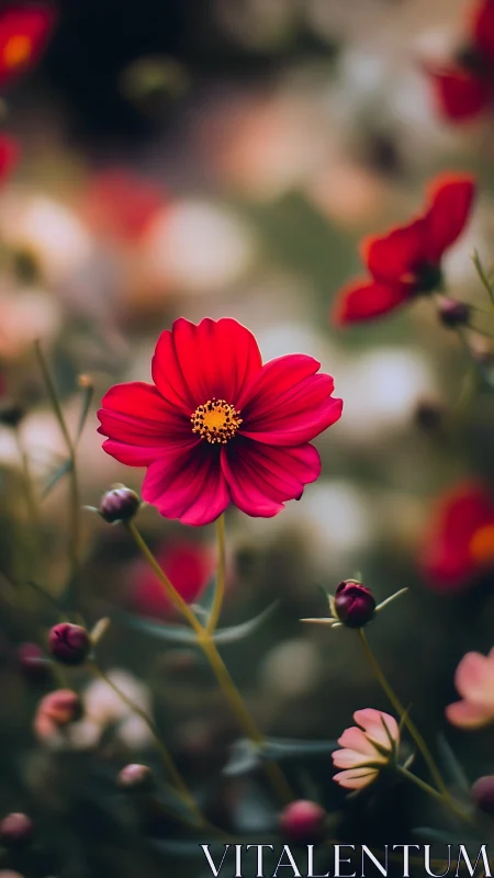 Vibrant Red Cosmos Flower in Full Bloom Surrounded by Soft Garden.