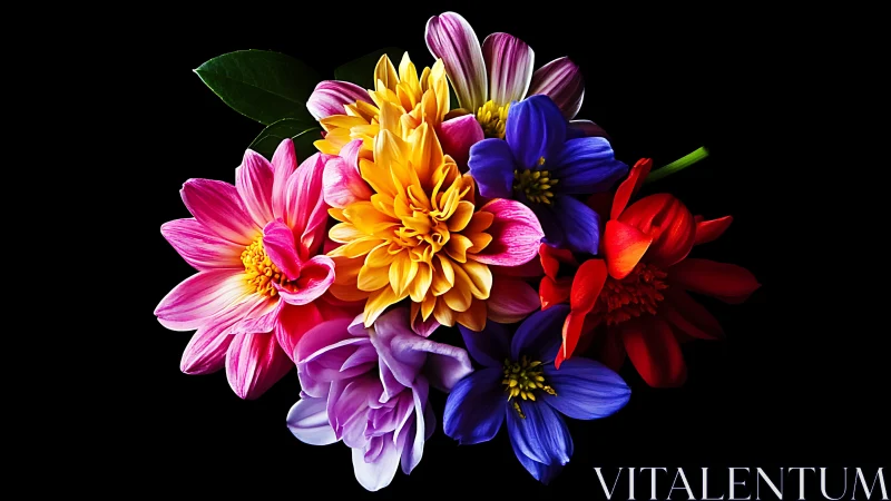 Radiant Floral Composition Against Black: Layered Botanical Study.