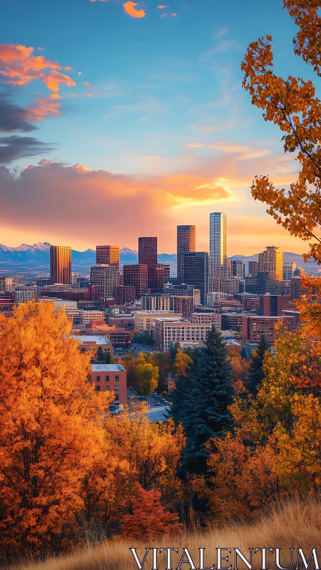 Autumn city skyline glowing beneath soft mountain sunset.