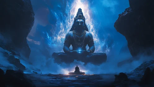 Colossal meditating deity hovers above lone seated figure