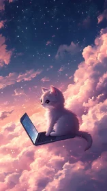White Cat Surfing Internet Clouds in Dreamy Celestial Atmosphere