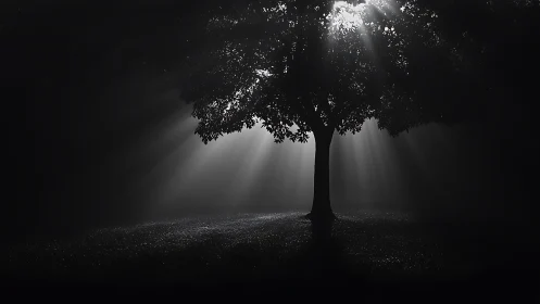Solitary backlit tree with dramatic radial god rays in mist.