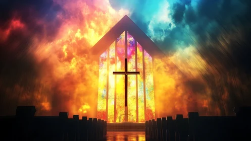 Cathedral of firelight where stained glass devours dusk.