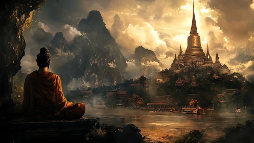 Meditative silhouette surveying luminous temple megastructure.