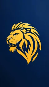 Golden lion head graphic stands bold on deep blue field.