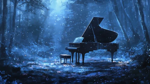 Luminous grand piano under bioluminescent forest canopy.
