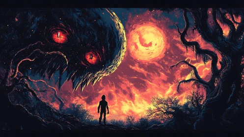 Lone wanderer meets a fiery-eyed cosmic shadow at dusk.