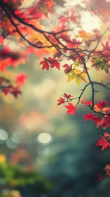Red autumn leaves on branch against soft blurred background.