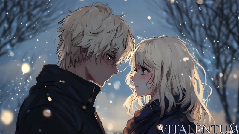 Blonde couple shares quiet gaze under soft winter snowfall