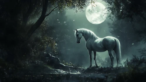 White horse stands in moonlit forest beside still water.