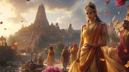 Golden dusk crowns the temple city as a regal bride walks