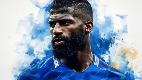 Blue-splashed football guardian in stormy watercolor roar.