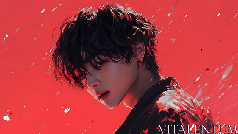 Crimson storm wraps a brooding boy in painterly embers