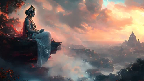 Seated robed figure above misty valley and distant temple.