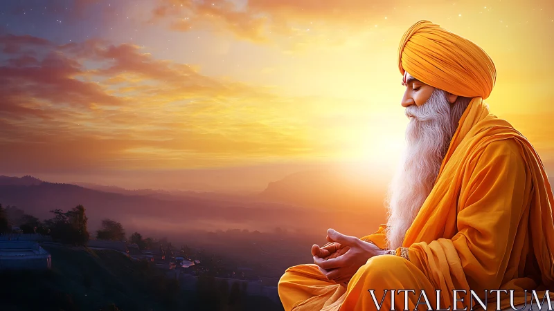 Sunrise sage in saffron robes guarding a sky of quiet fire.