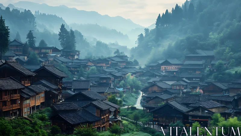 Mist-draped mountain village where rooftops ripple like waves.