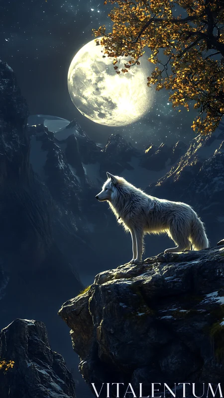Lone white wolf on moonlit cliff beneath glowing full moon.