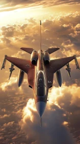 Stealth fighter jet cuts through sunlit storm clouds