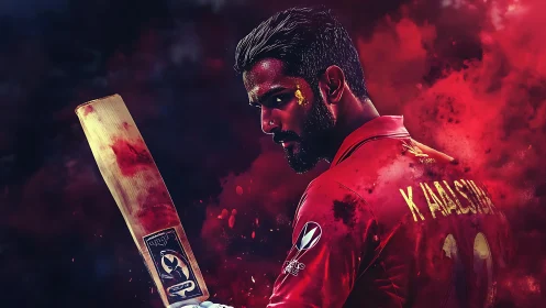 Cricket player stands poised in vivid red smoke and light