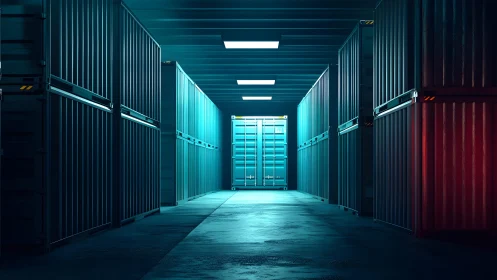 Industrial shipping container storage hallway with dramatic lighting.