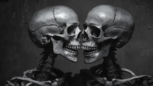 Two skeleton lovers share a tender, timeless kiss in gray.