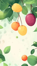 Colorful hanging fruit with soft leaves on pale backdrop.