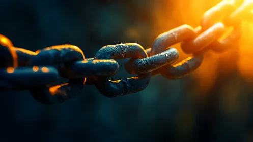 Rusted metal chain glows against dramatic golden backlight.