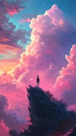 Lone figure stands on cliff edge under vivid pink clouds.