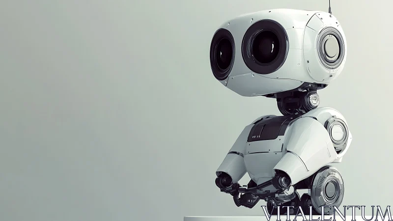 Small white biped robot stands on platform against plain background