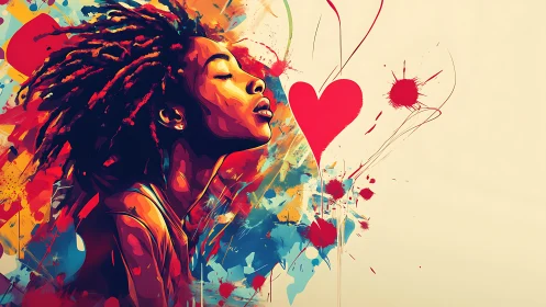 Vibrant portrait in motion with expressive heart motifs.
