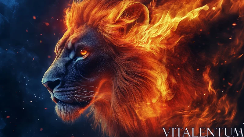 Fiery lion portrait with blazing mane on deep night backdrop.