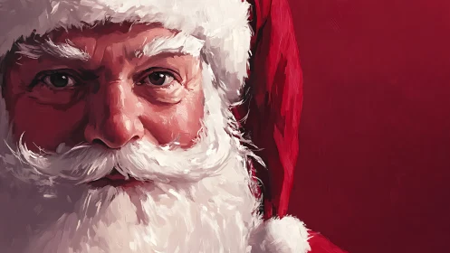 Kind-eyed Santa in cozy red, painted with winter warmth.