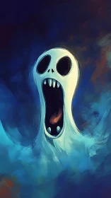 Midnight wail of a drifting ghost in swirling blue gloom.