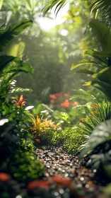 Sunlit jungle path whispers through jeweled leaves and stones
