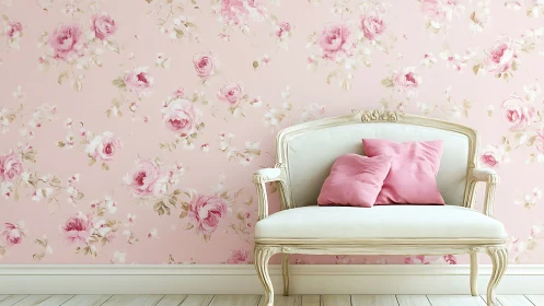 Pastel floral wall décor with vintage loveseat composition.