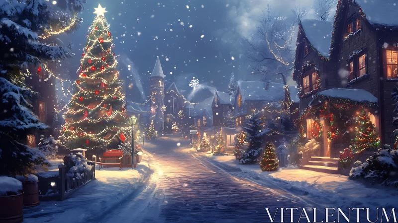 Snowy village street glows under festive Christmas lights