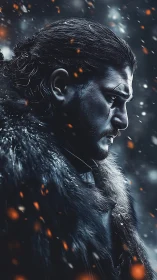 Brooding warrior in fur cloak amid snow and embers.