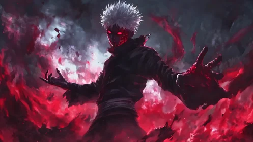 Demonic warrior channels red spectral energy in high-contrast anime