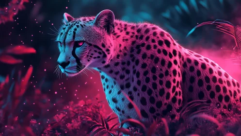Neon-illuminated leopard rendered in digital synthesis.