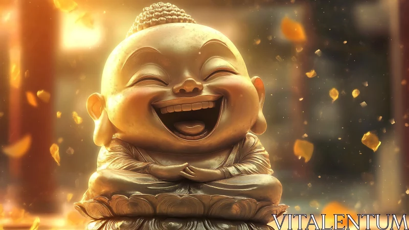 Laughing golden monk statue glows in warm floating petals