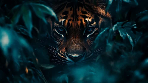 Predatory tiger gaze framed by dense teal jungle foliage.
